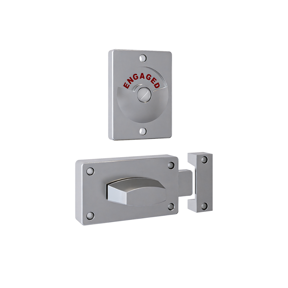 Satin chrome Metlam 100 Lock & Indicator Set showing lock with indicator and key in a close-up view