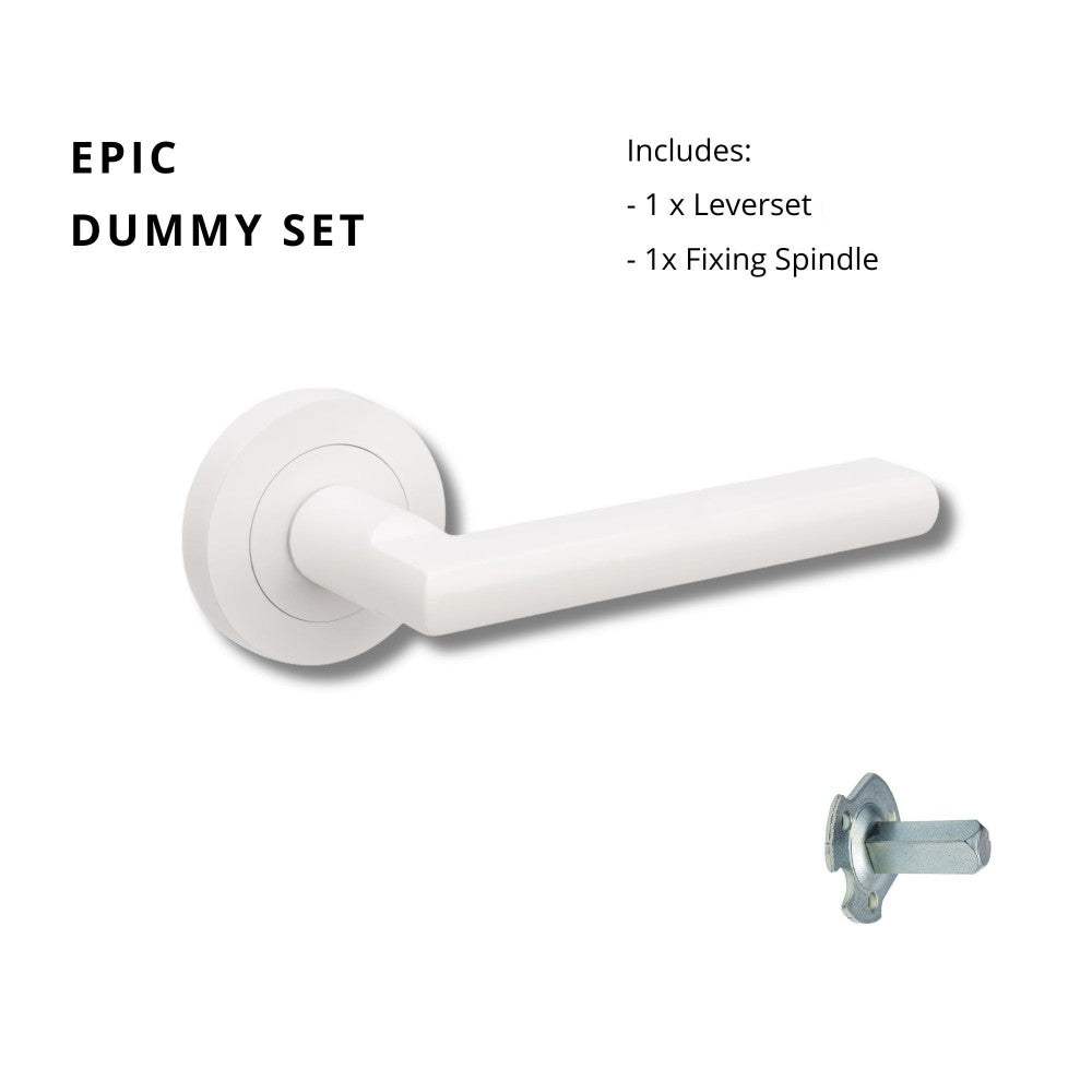 Zanda Epic Lever handle on round rose in matte white finish, showing the sleek design and smooth surface of the door hardware.