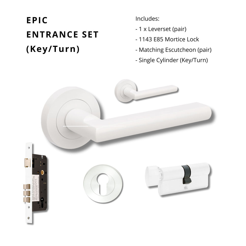 Zanda Epic lever handle on round rose in matte white finish, interior door hardware with sleek modern design.