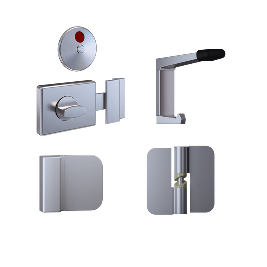 106C / 300 Series Kit SCP - Contains: 3 x 106C RHHO Gravity Hinges, 1 x 300 Series Lockset, 1 x 101C Door Bumper, 1 x 202C Hook & Universal Screw Fixings in Satin Chrome