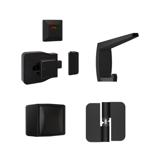 106C / Moda Series Kit Designer Black - Contains: 3x 106C RHHO Gravity Hinges, 1x Moda Lock & Indicator Set, 1x Moda Hook, 1x Moda Bumper & Universal Screw Fixings in Designer Black