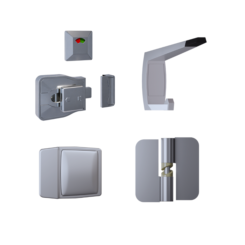 106C / Moda Series Kit SCP - Contains: 3x 106C RHHO Gravity Hinges, 1x Moda Lock & Indicator Set, 1x Moda Hook, 1x Moda Bumper & Universal Screw Fixings in Satin Chrome