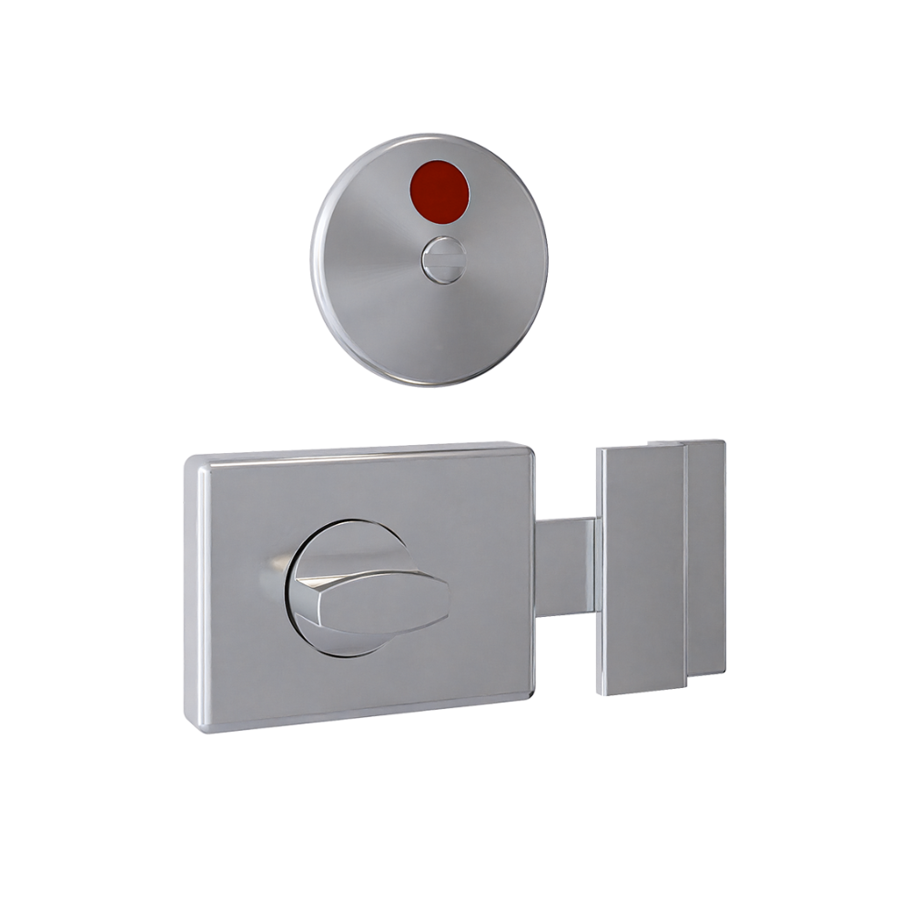 Metlam 300 Series lock and indicator set with silver finish, featuring a secure lock and visual indicator for access control.