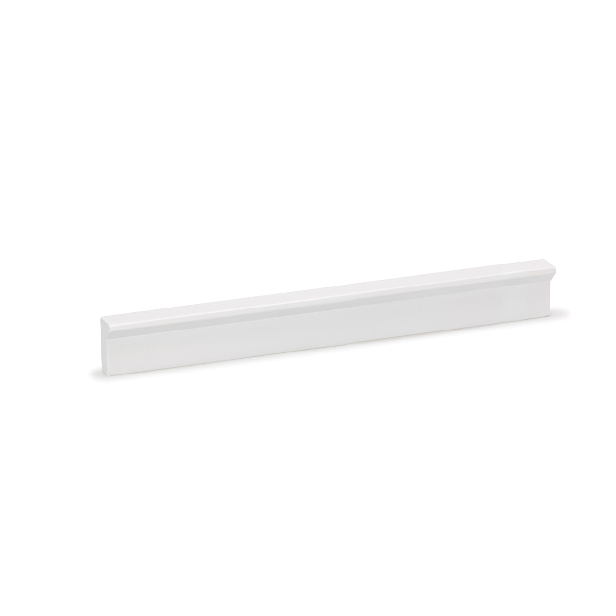 Momo ANGLE cabinet pull handle in white with a sleek angular design, mounted on a wooden cabinet door.