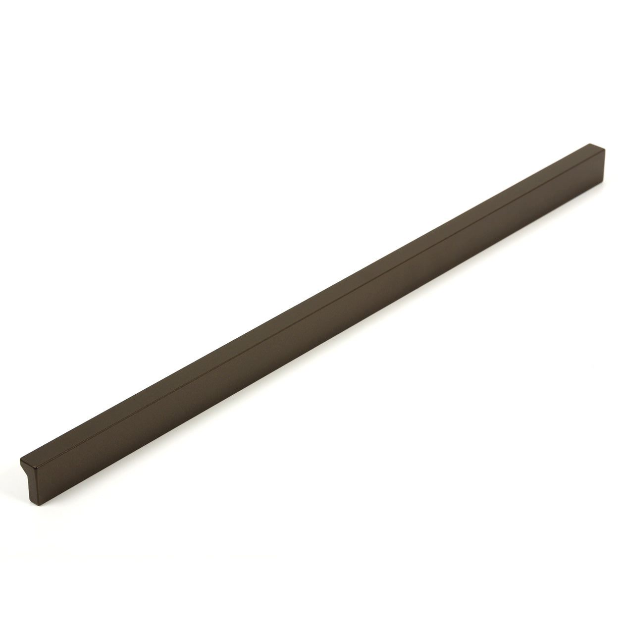 Momo ANGLE cabinet pull handle in matte bronze finish, mounted on a wooden cabinet door, showcasing modern angular design