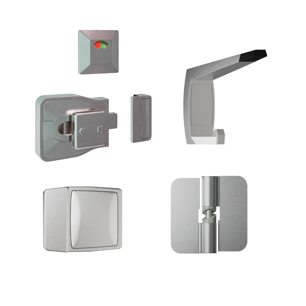 Advantage Moda Kit Anti-Microbial, Vis Pack ? Contains: 3 x Moda RH Gravity Hinges, 1 x Moda Lock & Indicator Set, 1 x Moda Bumper, 1 x Moda Hook & Universal Screw Fixings in Antimicrobial Coating