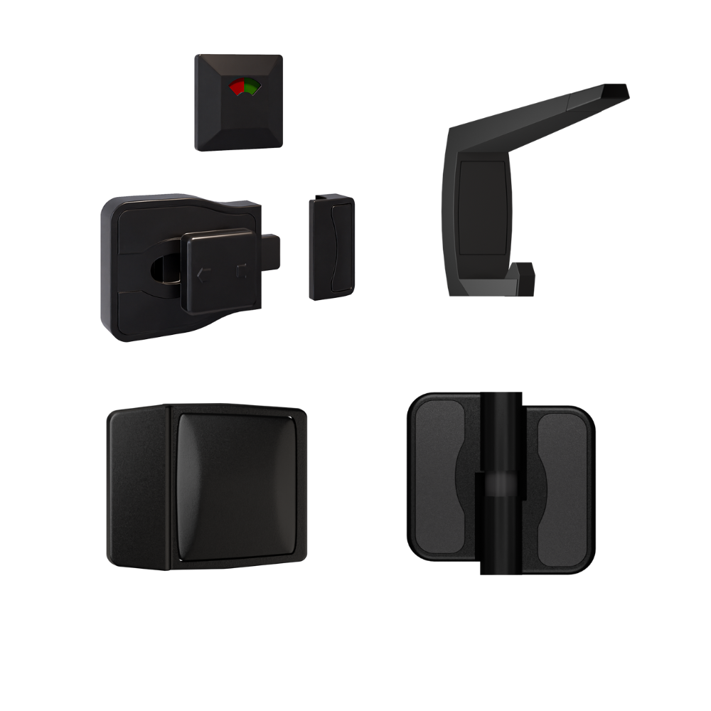 Advantage Moda Kit Designer Black, Vis Pack ? Contains: 3 x Moda RH Gravity Hinges, 1 x Moda Lock & Indicator Set, 1 x Moda Bumper, 1 x Moda Hook & Universal Screw Fixings in Designer Black