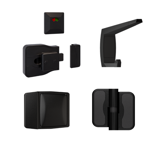 Advantage Moda Kit Designer Black, Vis Pack ? Contains: 3 x Moda RH Gravity Hinges, 1 x Moda Lock & Indicator Set, 1 x Moda Bumper, 1 x Moda Hook & Universal Screw Fixings in Designer Black