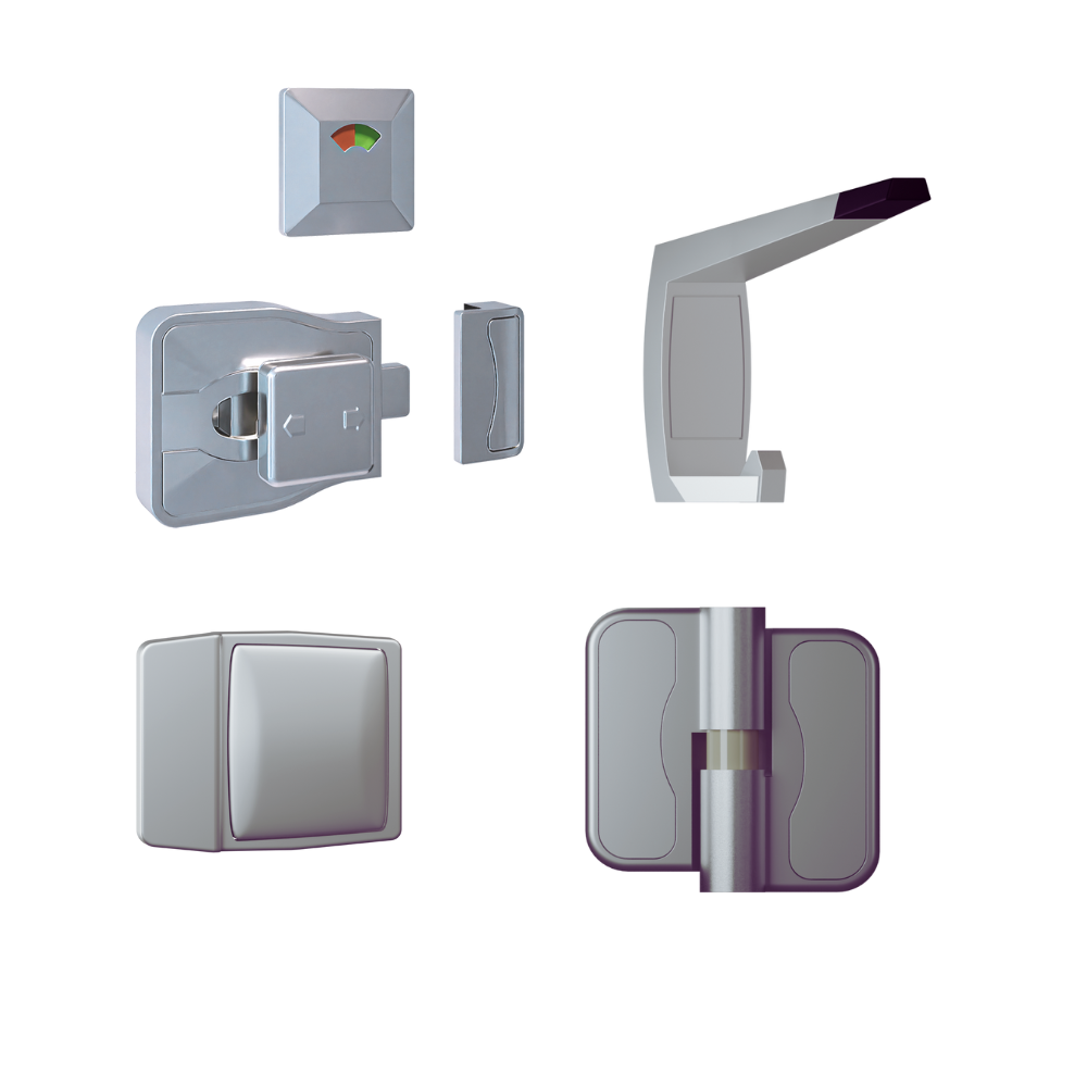 Advantage Moda Kit SCP, Vis Pack ? Contains: 3 x Moda RH Gravity Hinges, 1 x Moda Lock & Indicator Set, 1 x Moda Bumper, 1 x Moda Hook & Universal Screw Fixings in Satin Chrome