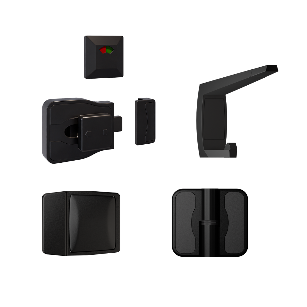 Advantage Designer Moda Kit, Vis Pack - Contains; 3x Moda Designer RH Spring Hinges, 1x Moda Designer Indicator Set, 1x Moda Designer Bumper, 1x Moda Designer Coat Hook & Universal Screw Fixings in Designer Black