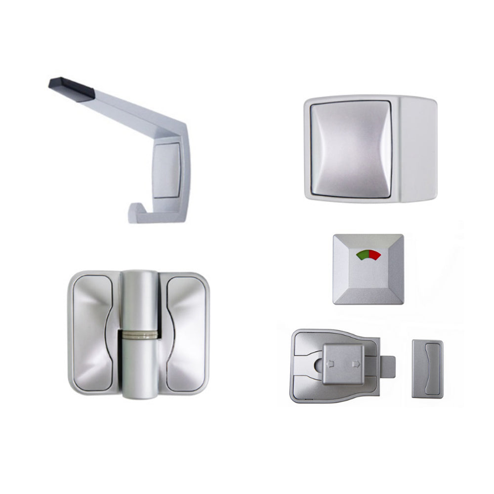 Advantage Moda SCP Kit, Vis Pack - Contains; 3x Moda RH Spring Hinges, 1 x Moda Indicator Set, 1x Moda Bumper, 1x Moda Hook & Universal Screw Fixings in Satin Chrome
