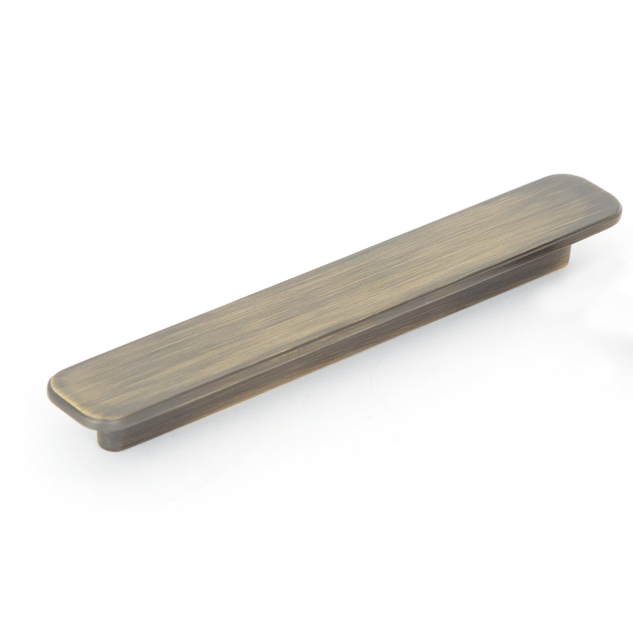 Momo ASPEN cabinet pull handle in dark bronze finish, mounted on a wooden cabinet door, showcasing sleek modern hardware design.