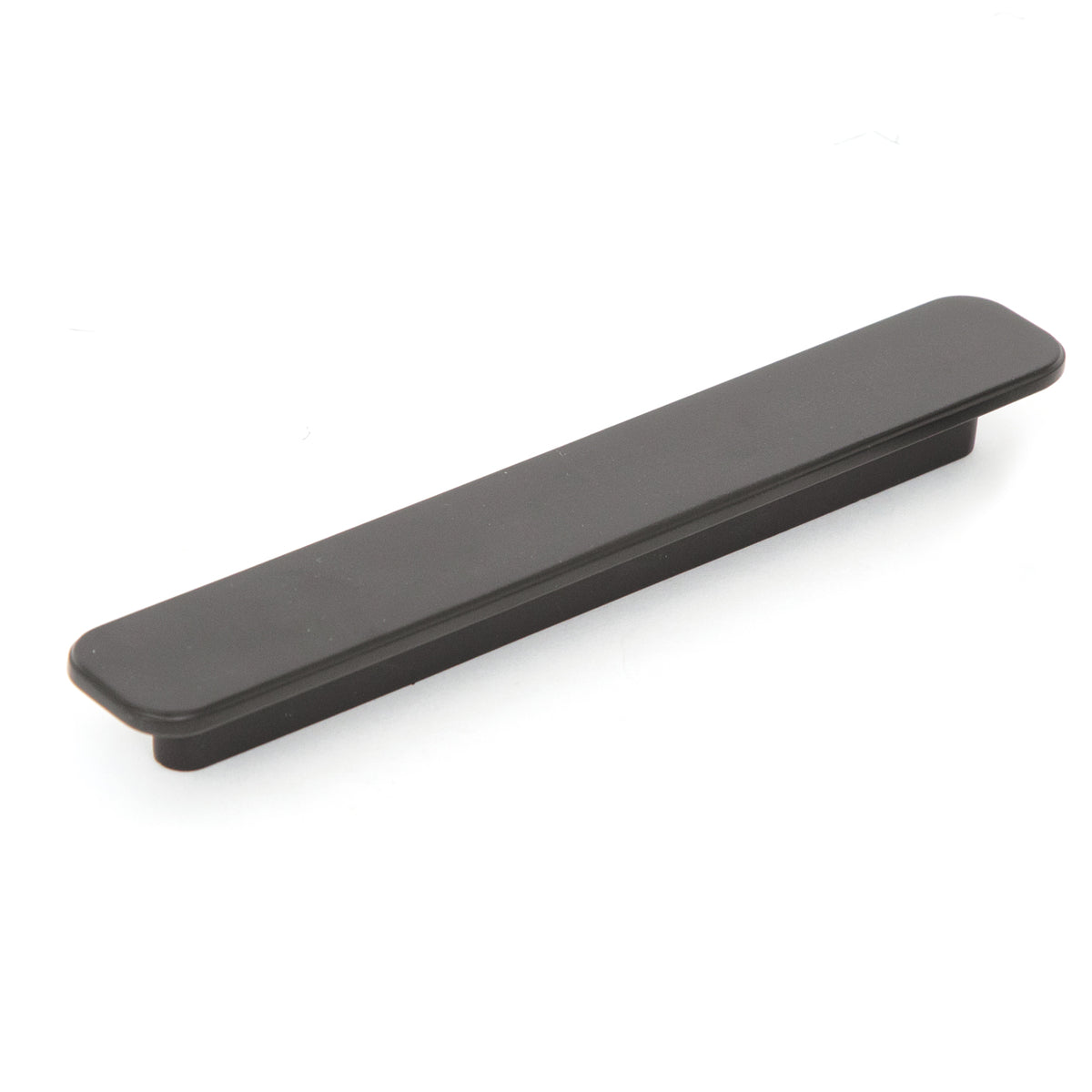 Momo Aspen cabinet pull handle in matte black, mounted on a cabinet door, showcasing sleek modern hardware design.