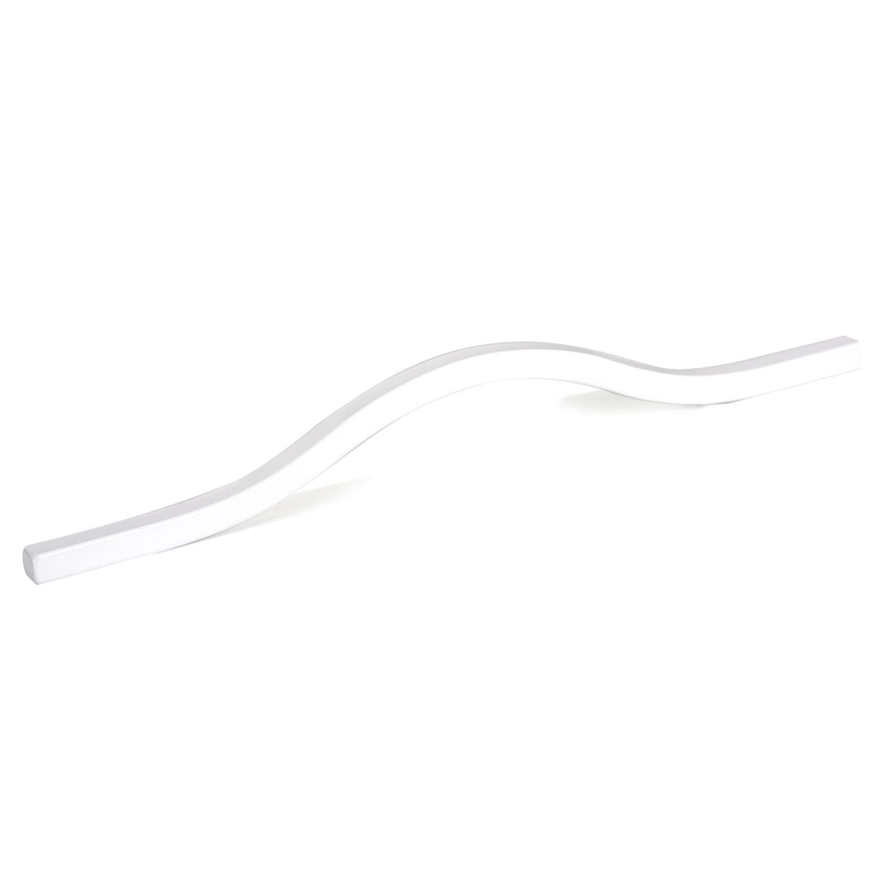 Momo BRAVE bow cabinet pull handle in white finish mounted on a wooden cabinet door.