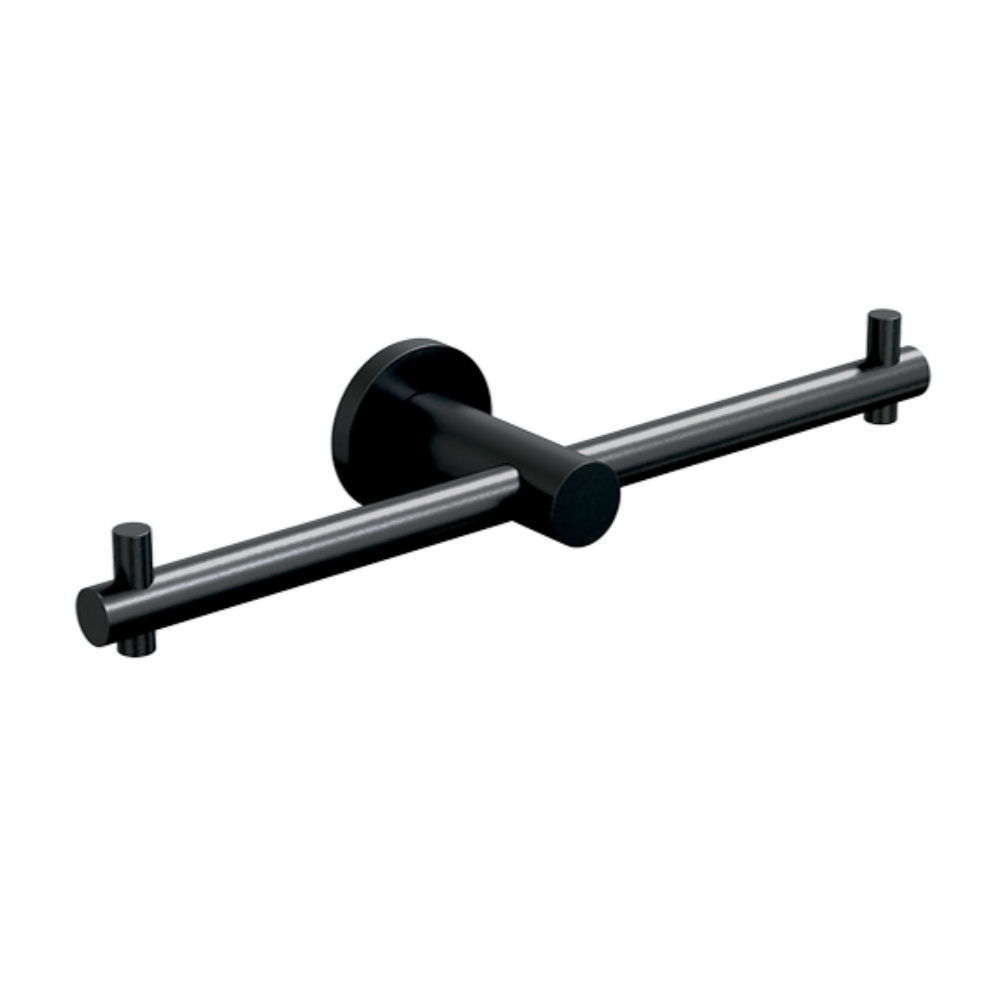 Metlam double toilet paper roll holder mounted on bathroom wall, featuring sleek design and chrome finish.