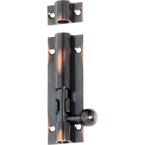 Tradco barrel bolt lock mounted on wooden door for secure fastening and added security.