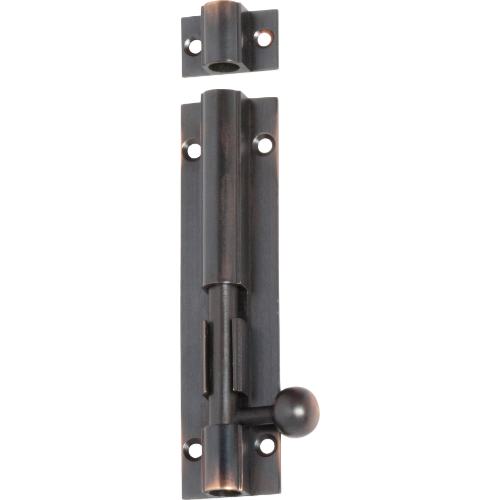 Tradco barrel bolt lock in black finish, suitable for securing doors or gates, with a sturdy metal construction.