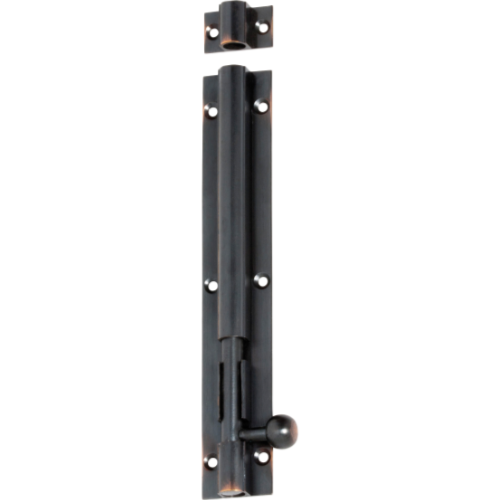 Tradco barrel bolt in black metal with a sturdy latch and mounting screws, ideal for securing doors and gates.