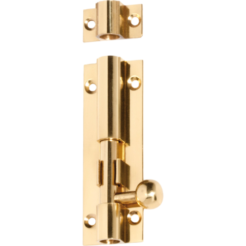Tradco barrel bolt lock showing a metal sliding bolt and mounting plate, ideal for securing doors and windows.