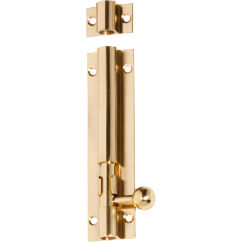 Tradco barrel bolt lock with black finish, mounted on a wooden door for secure latching and added security.