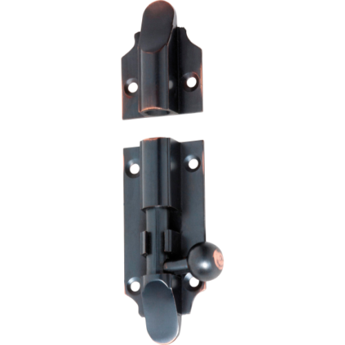 Tradco Victorian barrel bolt in black metal, showing a classic hardware lock for doors or windows.