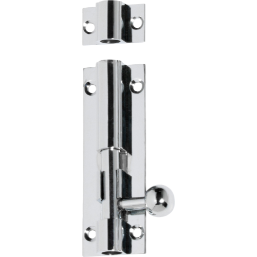 Tradco barrel bolt in black finish, mounted on wooden door for secure locking and easy manual operation.