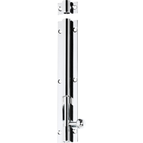 Tradco barrel bolt in black metal with mounting screws, used for securing doors and gates.