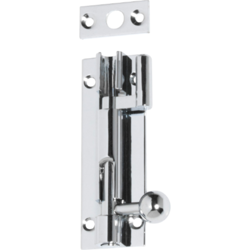 Tradco 75mm barrel bolt offset lock showing the metal latch and mounting plate for secure door fastening