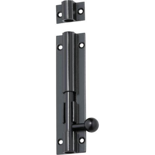 Traditional brass barrel bolt by Tradco, mounted on a wooden door for secure locking.