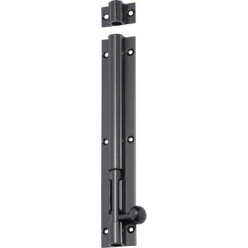Tradco barrel bolt lock showing a metal latch with a black finish, mounted on a wooden door for security and privacy.