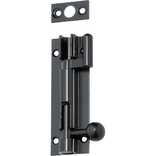 Tradco 75mm barrel bolt offset lock, metal security latch with screw holes, suitable for doors and gates.