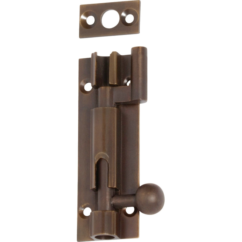 Tradco 75mm barrel bolt offset for doors and gates, showing the sturdy metal latch in a close-up view.