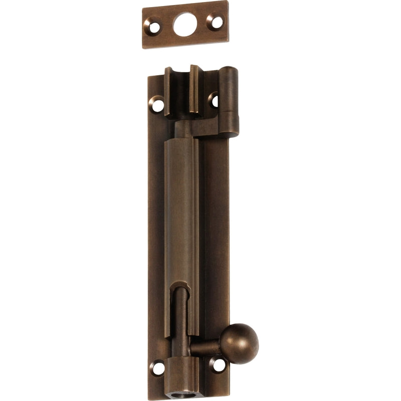 Barrel Bolt Offset Antique Brass L100xW25mm in Antique Brass