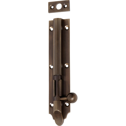Barrel Bolt Victorian Long Throw Antique Brass L150xW25mm Throw 30mm in Antique Brass