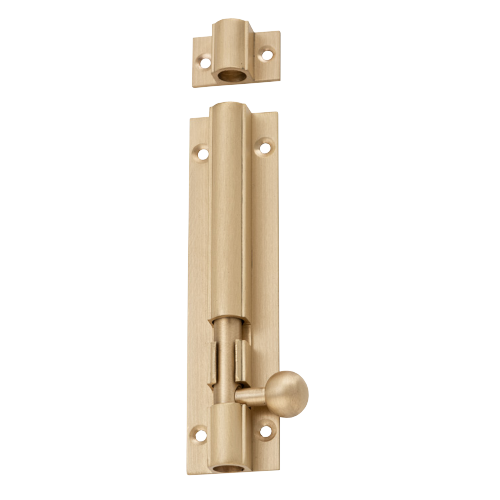 Tradco barrel bolt lock in polished brass, suitable for door security and gate latching with a sturdy, durable design.
