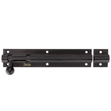 Black Zanda straight barrel bolt, 150mm, showing a secure locking mechanism and sleek metal finish on a door hardware product.