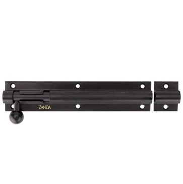 Black Zanda straight barrel bolt, 150mm, showing a secure locking mechanism and sleek metal finish on a door hardware product.