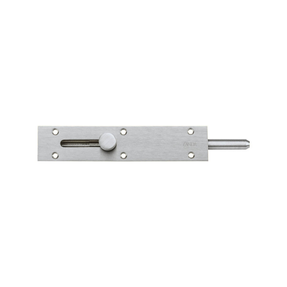 Zanda reverse barrel bolt in polished metal, mounted on a door for secure latch and locking functionality.