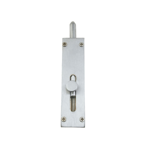 Zanda reverse barrel bolt in black, installed on door for secure locking, showing sleek metal finish and mounting hardware.