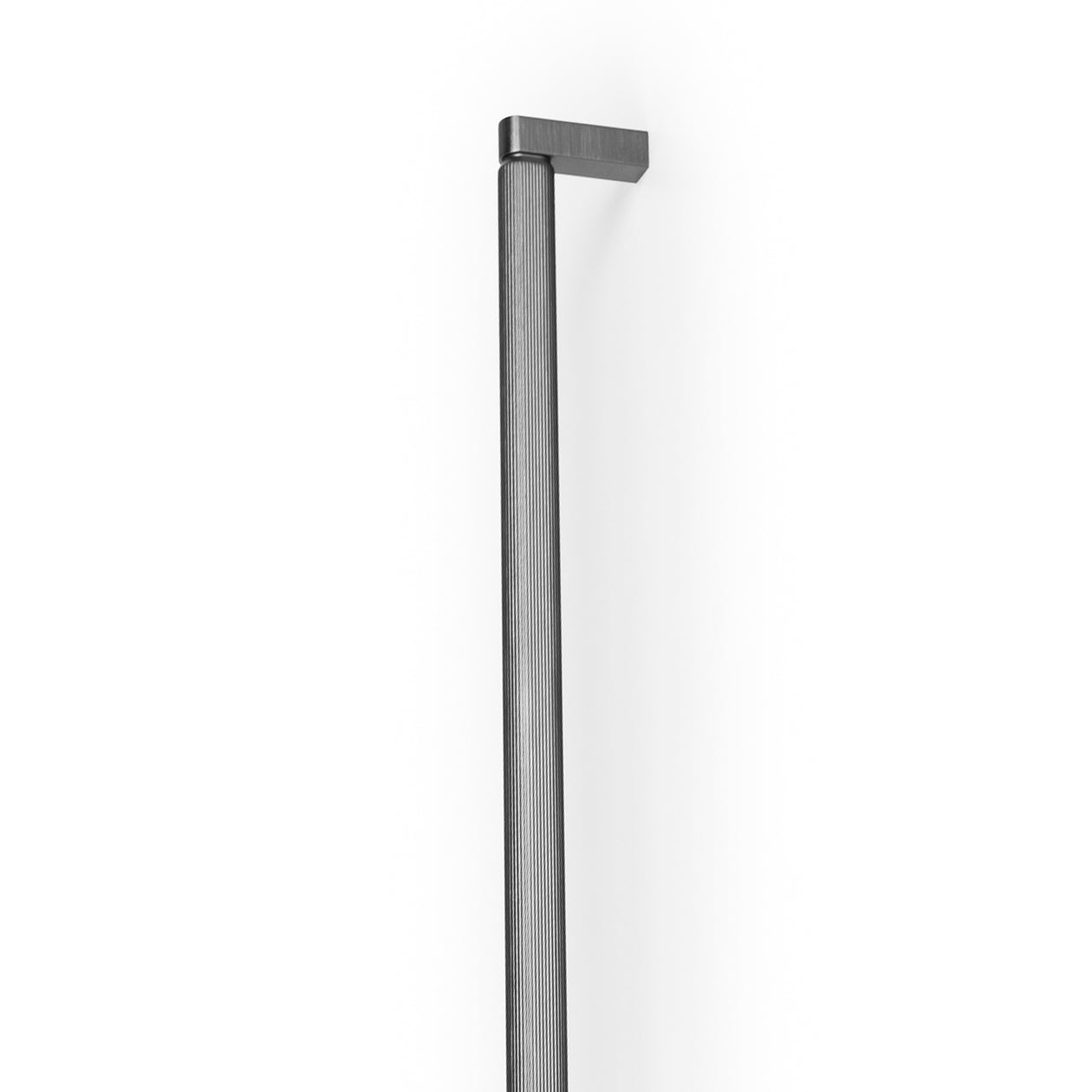 Momo Brooklyn D cabinet pull handle in brushed titanium finish, showcasing sleek modern design and durable metal construction.