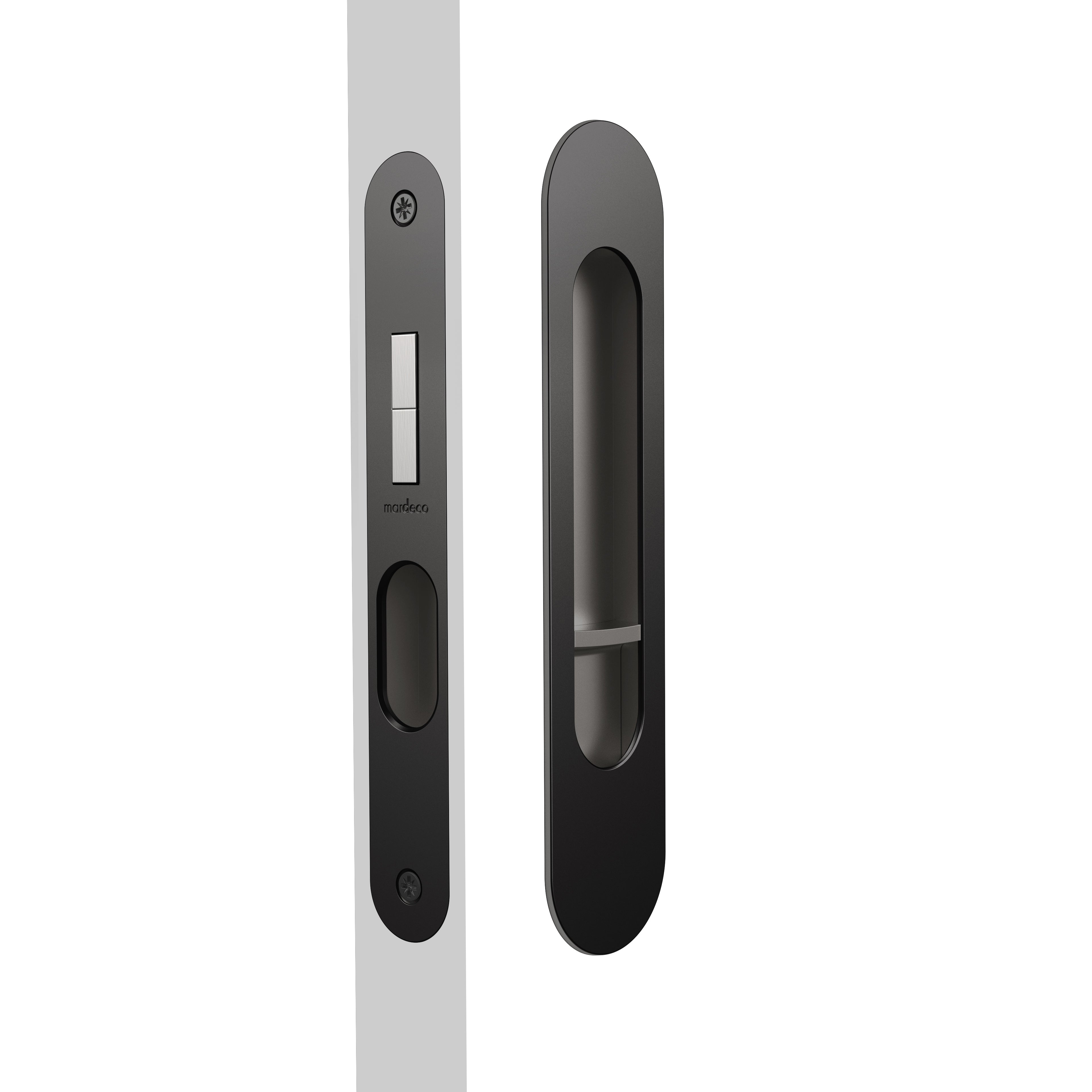 Mardeco Radius Flush Pull Privacy Set with 35mm backset, featuring a sleek, rounded design for modern bathroom or bedroom privacy doors.