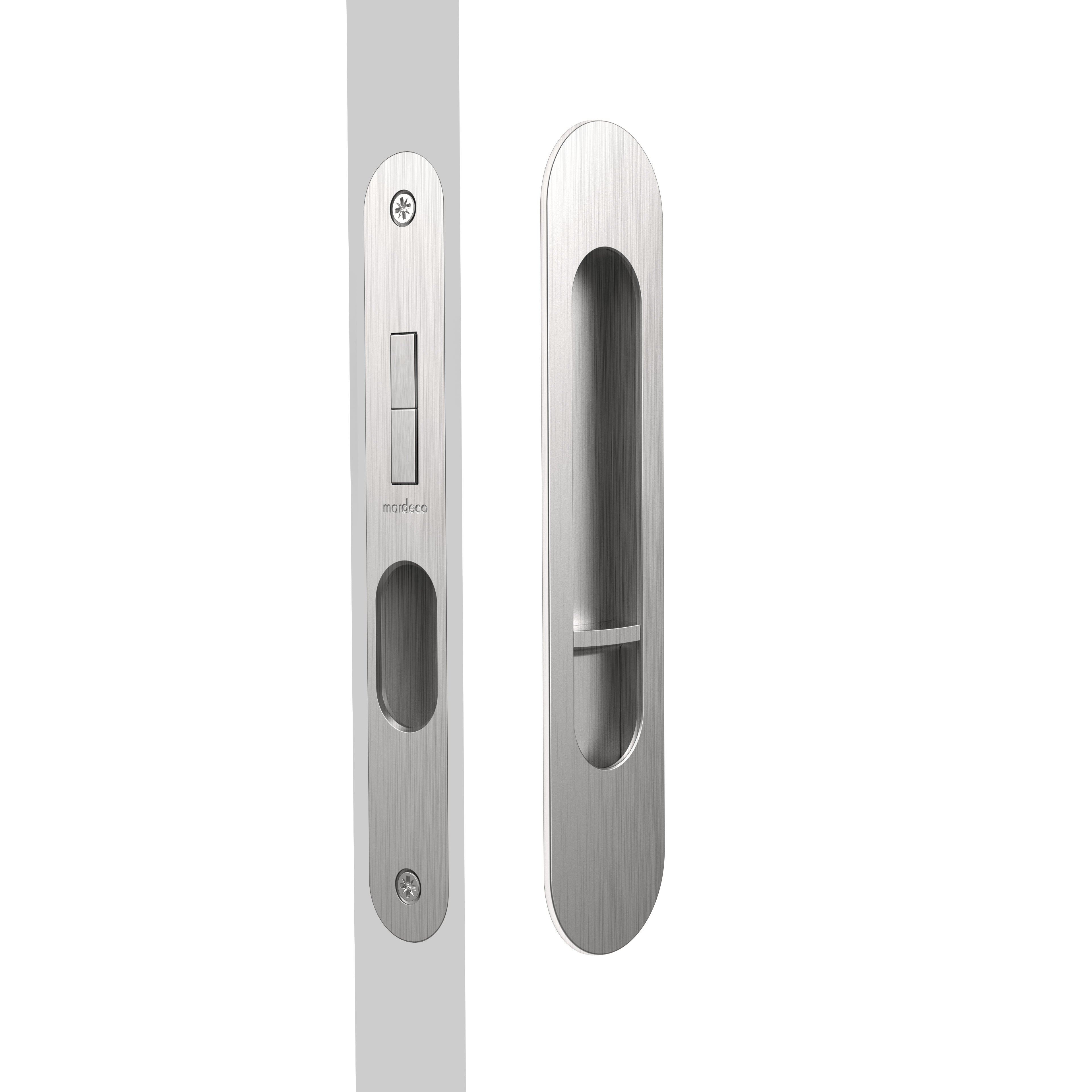 Mardeco Radius Flush Pull Privacy Set with 35mm backset, featuring a sleek, modern design for bathroom or door privacy.