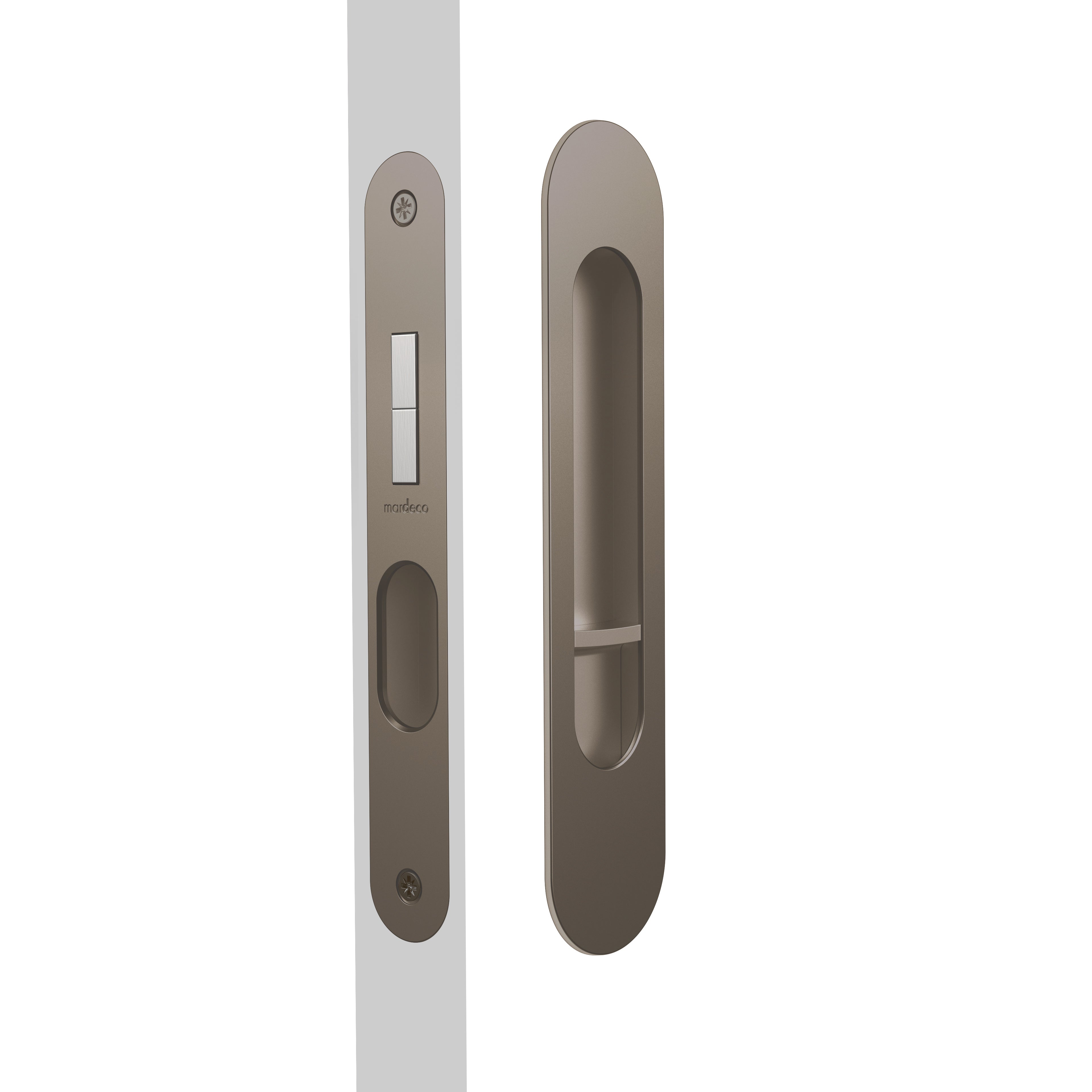 Mardeco Radius Flush Pull Privacy Set with 35mm backset, featuring sleek, rounded design for bathroom or bedroom privacy doors.