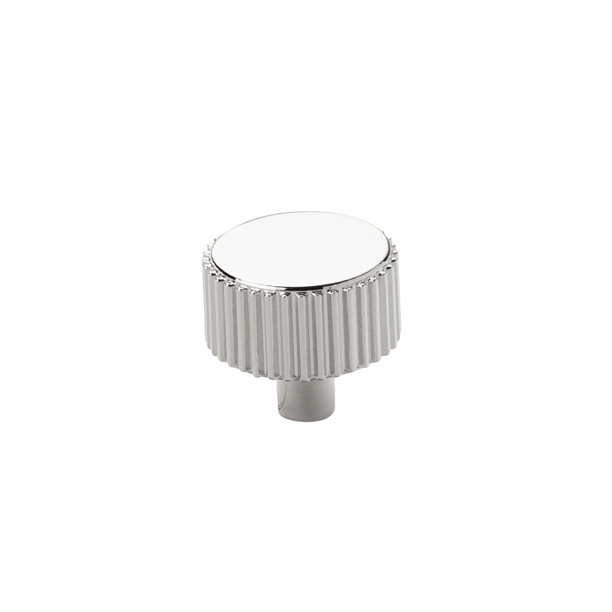 Momo Barrington cabinet knob in polished nickel finish, round handle with smooth surface, mounted on a wooden cabinet door.