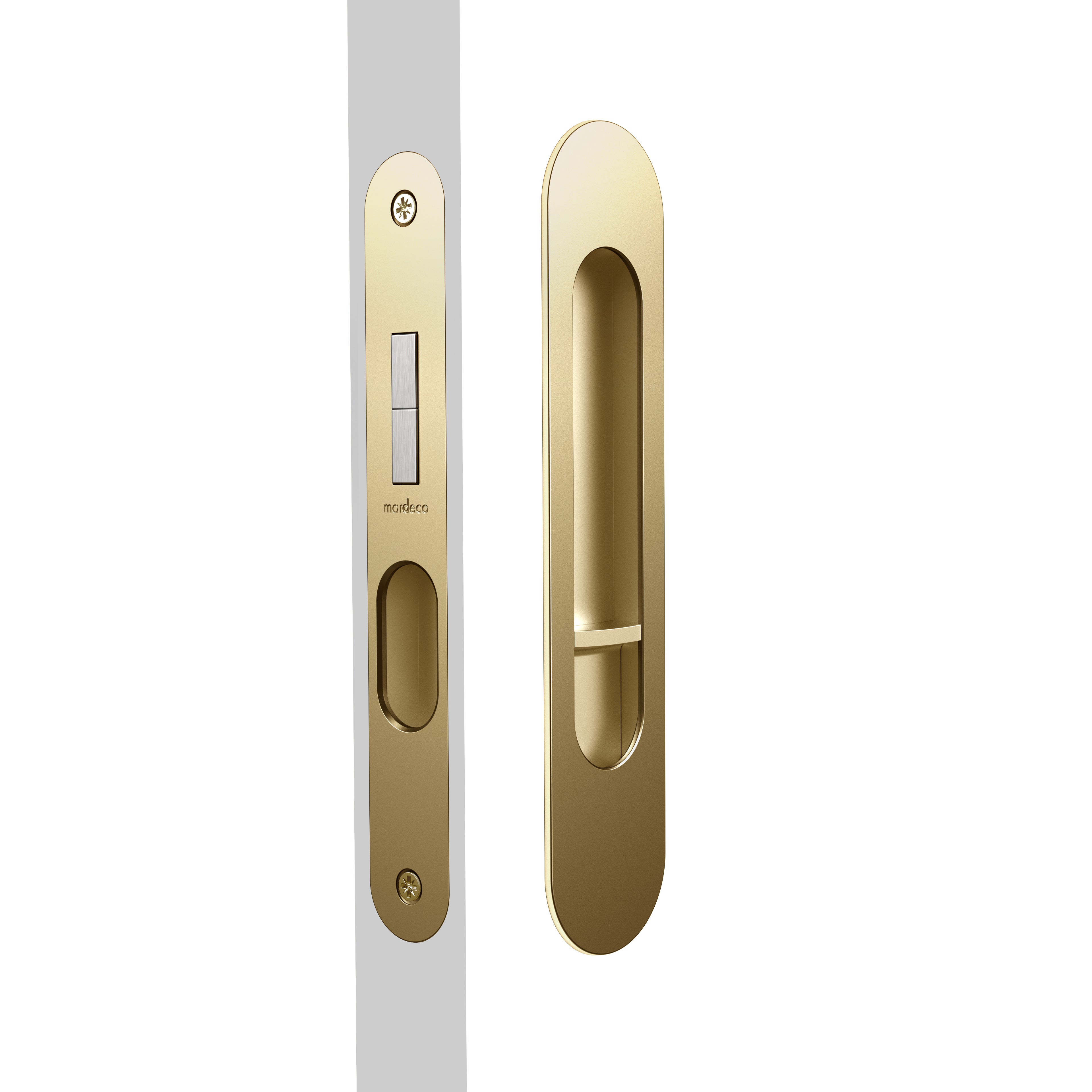 Mardeco Radius Flush Pull Privacy Set with 35mm backset, featuring sleek, rounded design and durable finish for bathroom privacy doors.