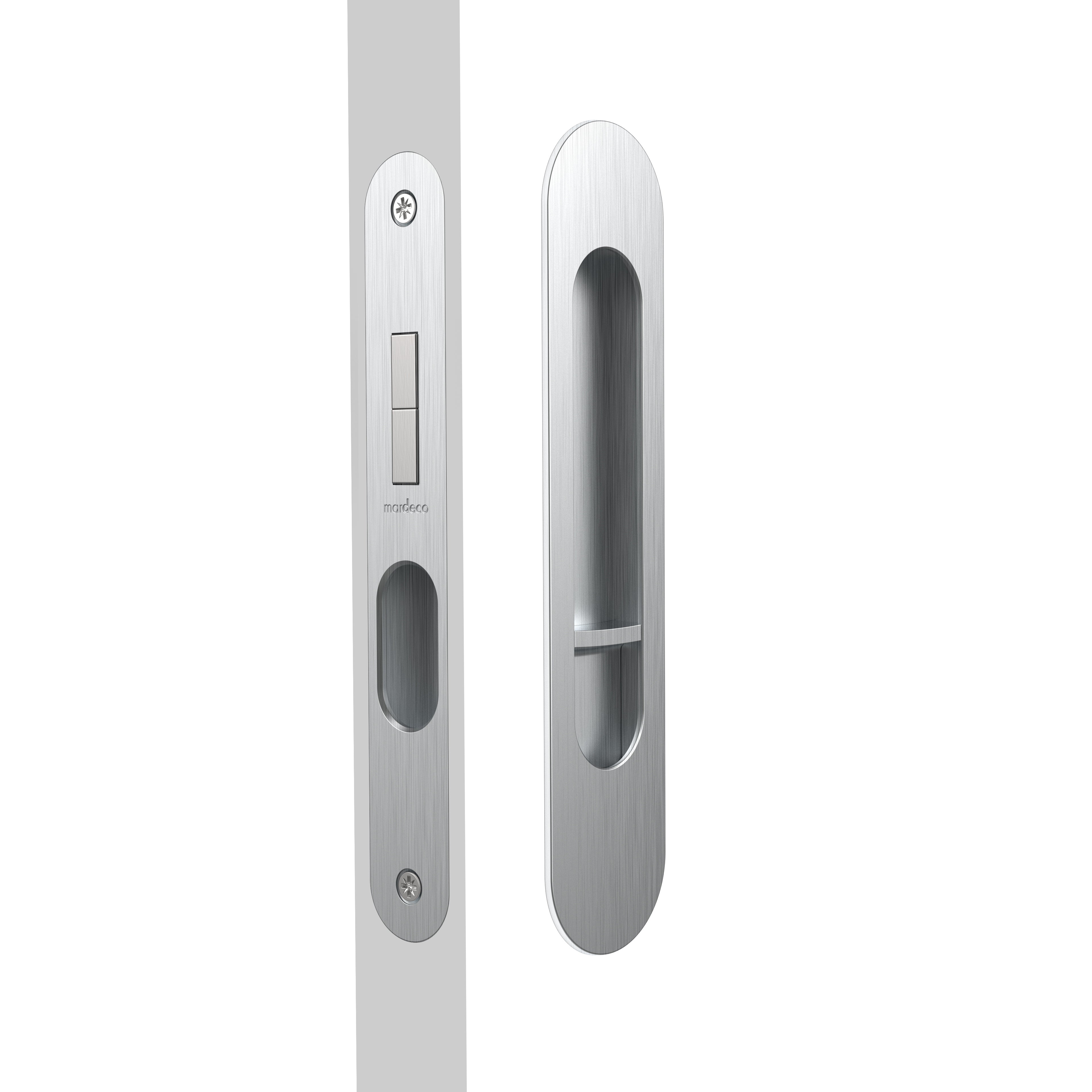 Mardeco Radius Flush Pull Privacy Set with 35mm backset, featuring sleek modern design for bathroom or door privacy.