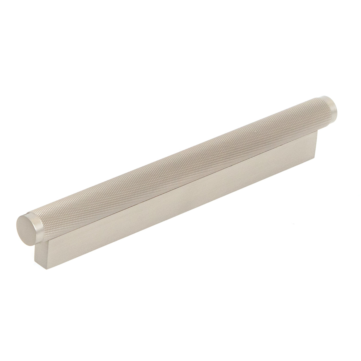 Momo Brighton cabinet pull handle in brushed nickel finish, showing sleek, modern design for kitchen or furniture cabinetry.