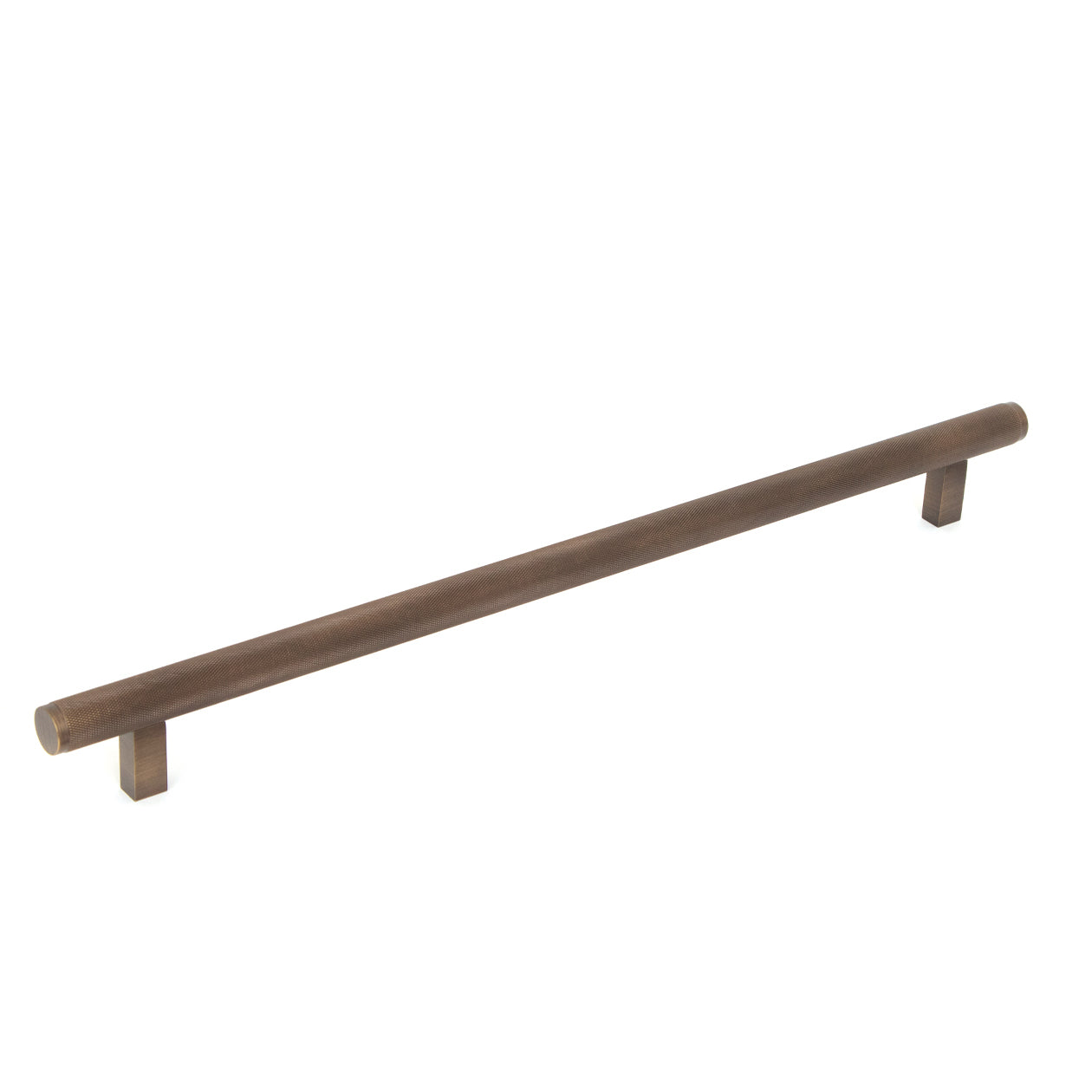 Momo BELLEVUE knurled appliance pull in brass finish with textured surface, mounted on a kitchen cabinet handle.
