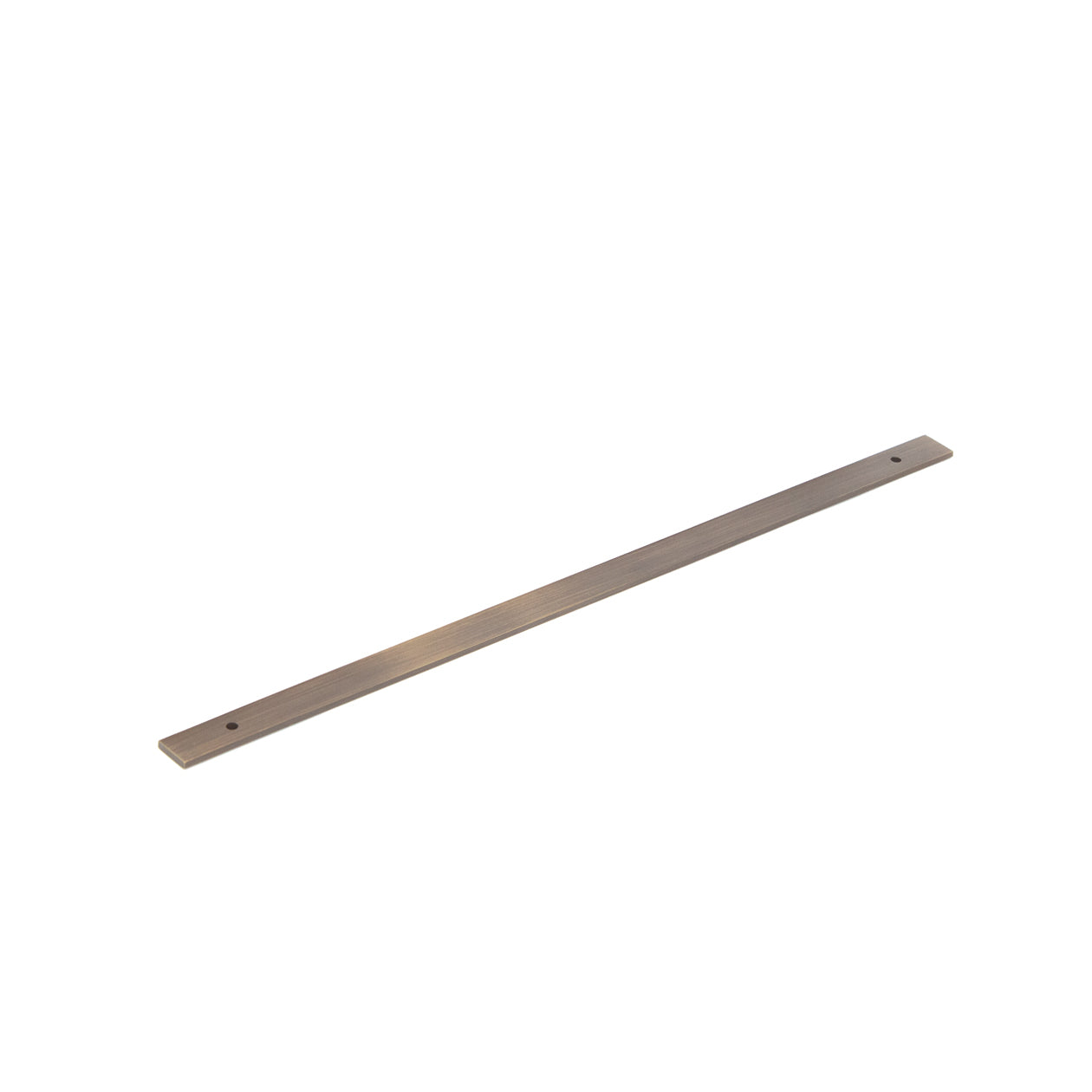 Momo Bellevue plain backplate for cabinet pull handle, brass finish, rectangular shape with rounded edges, mounted on a wooden cabinet door.