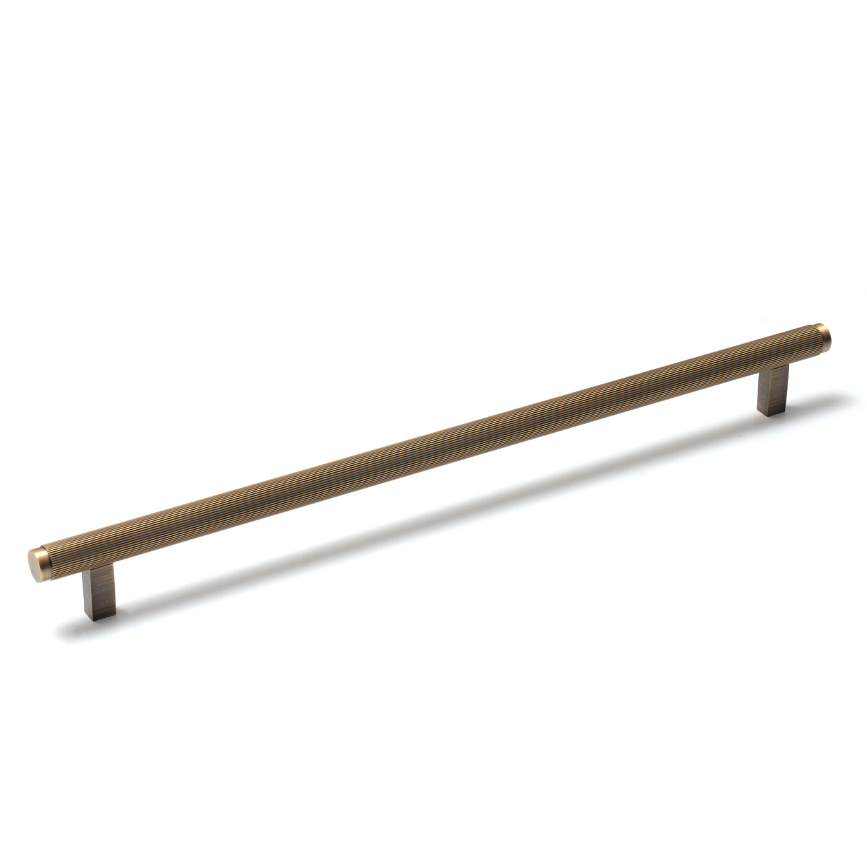 Momo Bellevue lined cabinet pull handle in dark brushed bronze finish, mounted on a cabinet door.